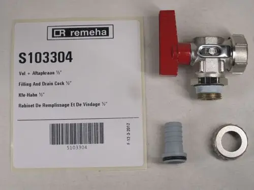 Remeha-Ventil mit rotem Handrad und Zubehörteilen auf einem hellen Hintergrund, beschriftet mit Informationen zu Funktion und Verwendung.